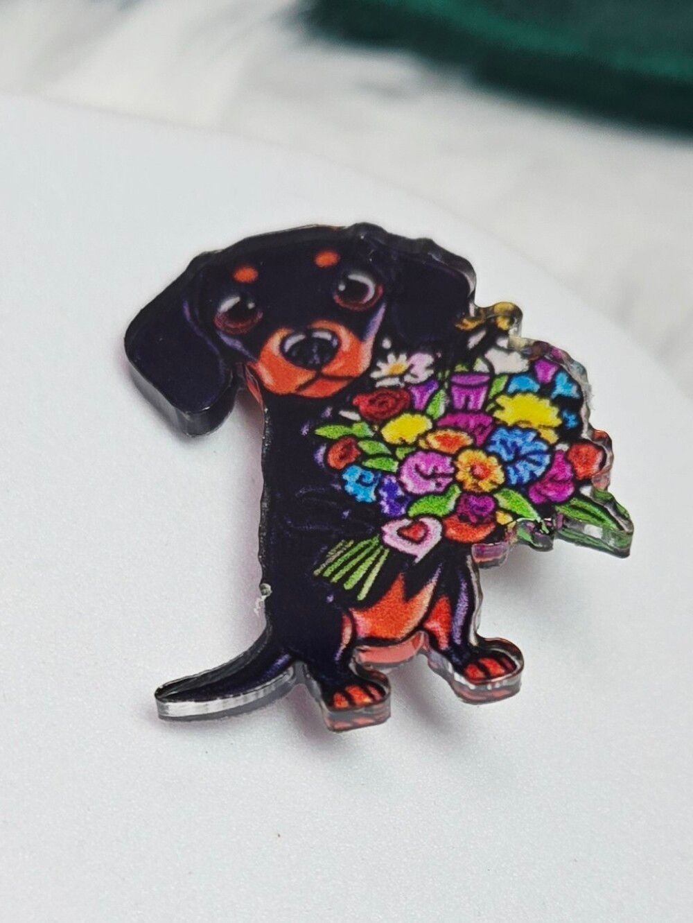 Dachshund Flower Bouquet Lapel Pin Doxie Acrylic Dog Mom Cottagecore Whimsical